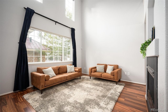 living room with dark hardwood / wood-style floors and a towering ceiling