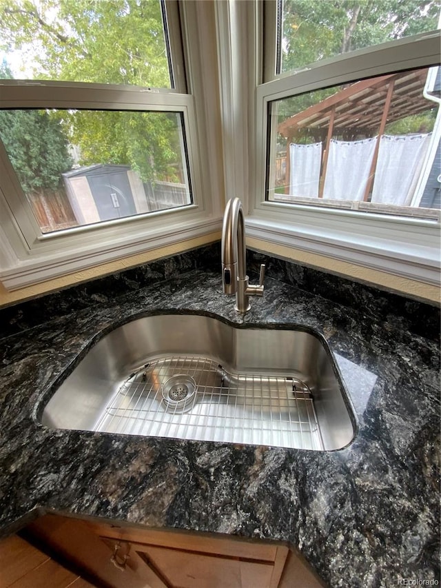 interior details with dark stone countertops and sink