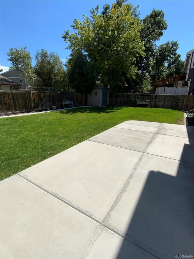 exterior space with a shed