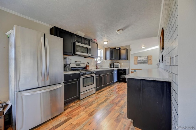 5525 S Johnson Rd, Rush, CO 80833 - kitchen with appliances with stainless steel finishes, light wood-type flooring, light countertops, a textured ceiling, and crown molding