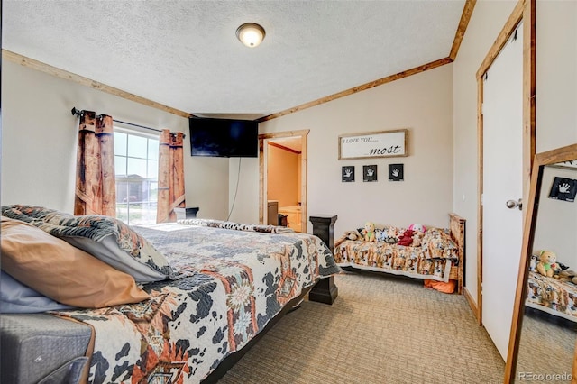 5525 S Johnson Rd, Rush, CO 80833 - bedroom featuring carpet floors, a textured ceiling, and ornamental molding