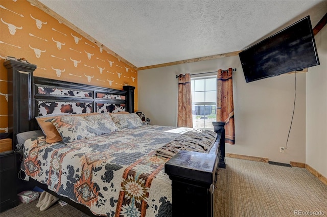 5525 S Johnson Rd, Rush, CO 80833 - bedroom with vaulted ceiling, carpet, baseboards, and a textured ceiling