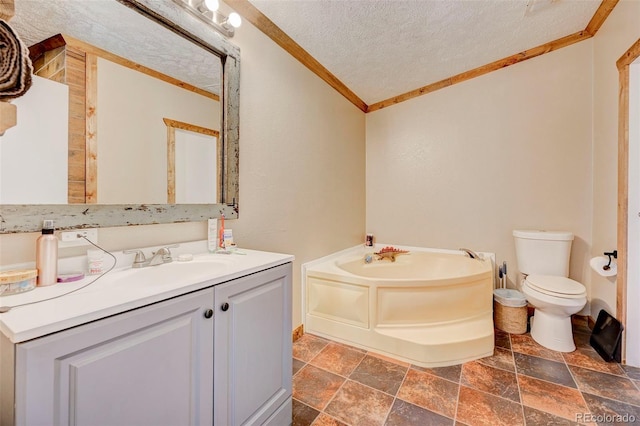 5525 S Johnson Rd, Rush, CO 80833 - full bath featuring ornamental molding, stone tile flooring, a textured ceiling, a bath, and vanity