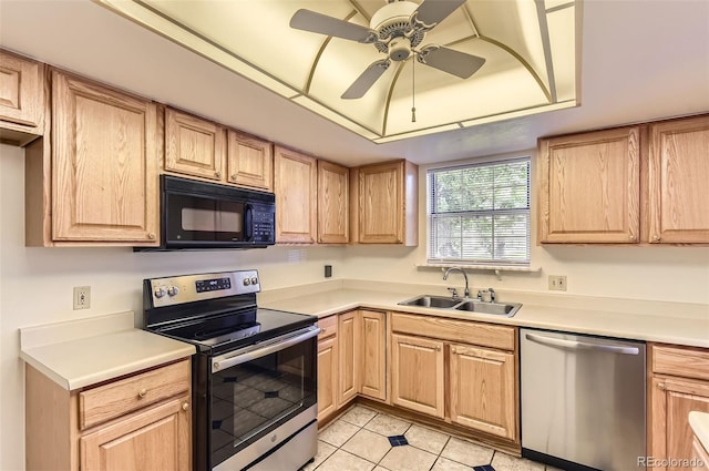 13940 E Linvale Pl, Aurora, CO 80014 - kitchen featuring stainless steel appliances, a sink, light brown cabinetry, and light tile patterned flooring