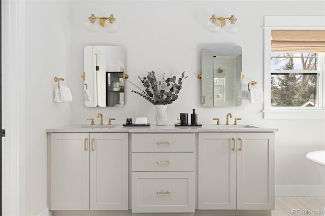 bathroom featuring vanity and a shower with shower door