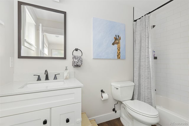 full bathroom featuring vanity, hardwood / wood-style floors, toilet, and shower / bathtub combination with curtain