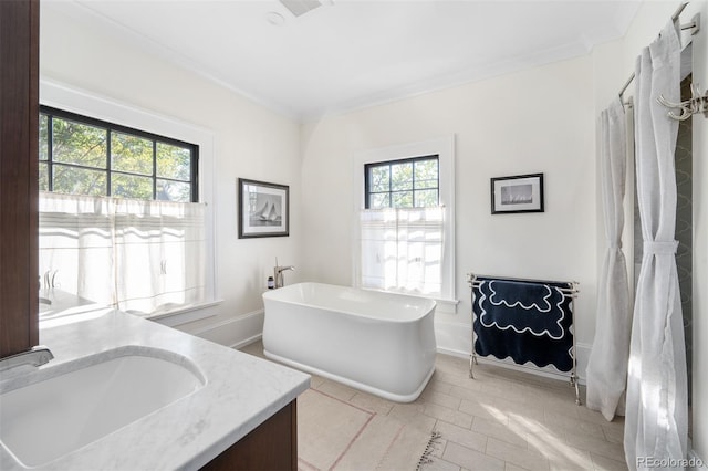 bathroom featuring a bathtub, crown molding, vanity, and plenty of natural light