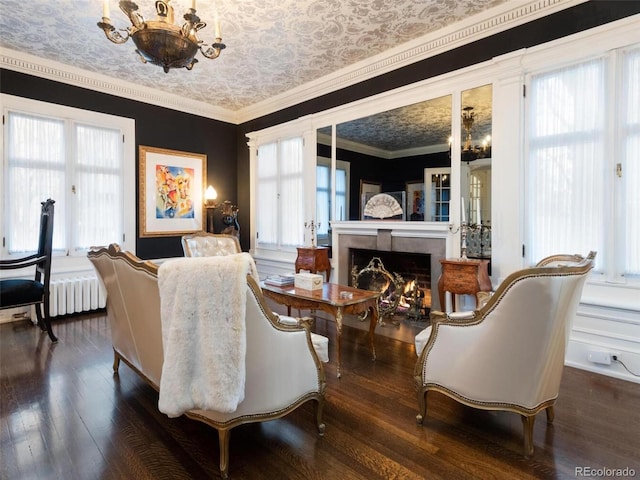 living room featuring crown molding, radiator heating unit, dark hardwood / wood-style flooring, and an inviting chandelier