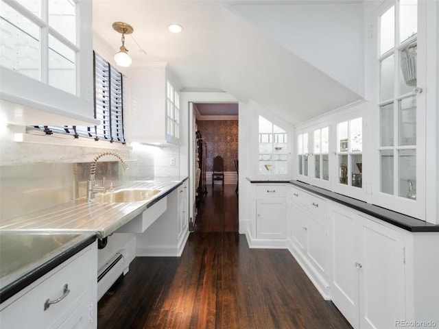 kitchen featuring white cabinetry, sink, decorative backsplash, and dark hardwood / wood-style flooring