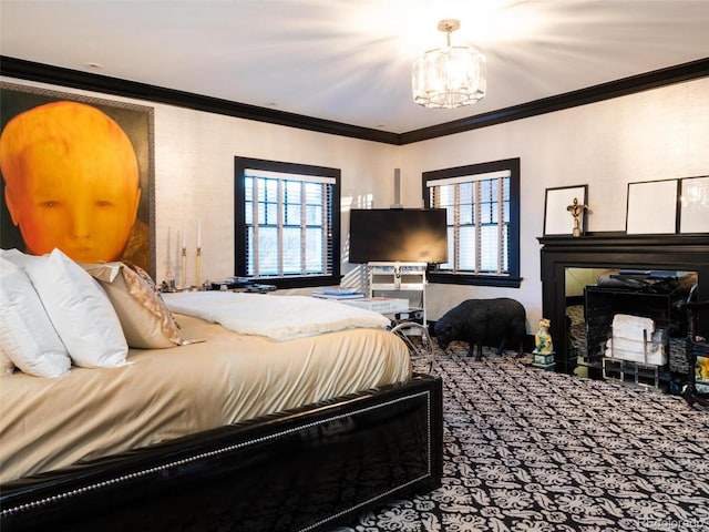 bedroom with crown molding and a chandelier