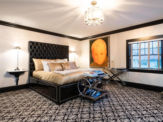 carpeted bedroom with ornamental molding and a chandelier