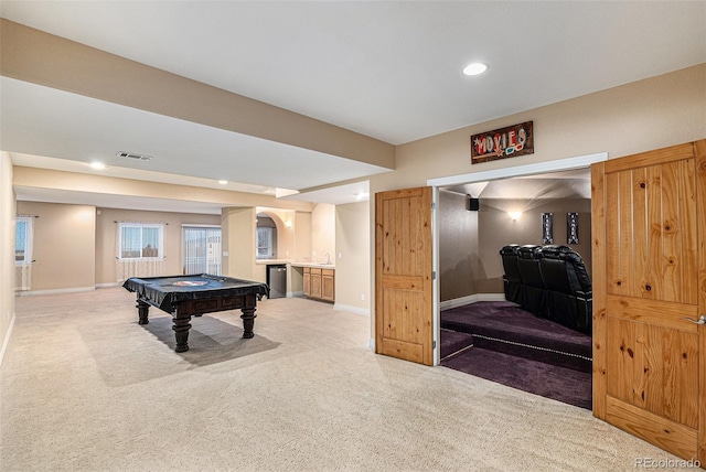 rec room with carpet and billiards