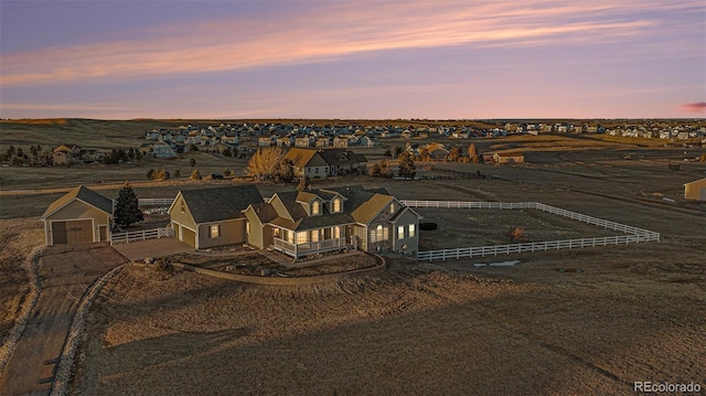 view of aerial view at dusk