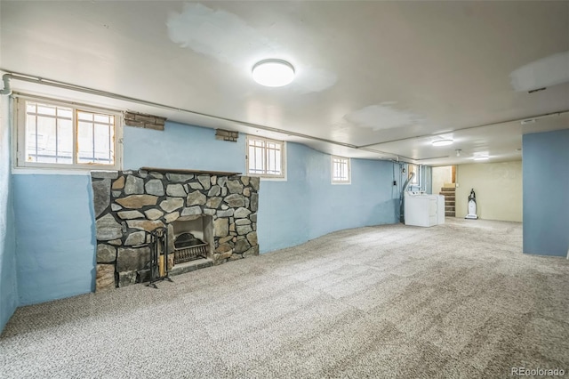 3024 W Denver Pl, Denver, CO 80211 - basement with washer / dryer, carpet floors, and a fireplace