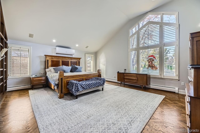 bedroom with an AC wall unit, dark parquet flooring, and vaulted ceiling