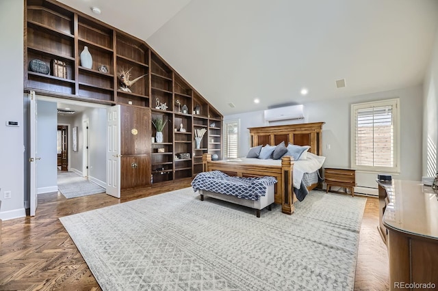 bedroom featuring parquet floors, baseboard heating, a wall mounted AC, and lofted ceiling