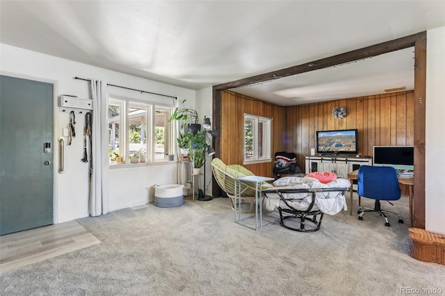 4401 Highline Pl, Denver, CO 80222 - carpeted living area featuring wood walls and beamed ceiling