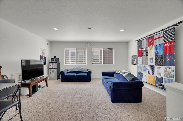 carpeted living room with a textured ceiling