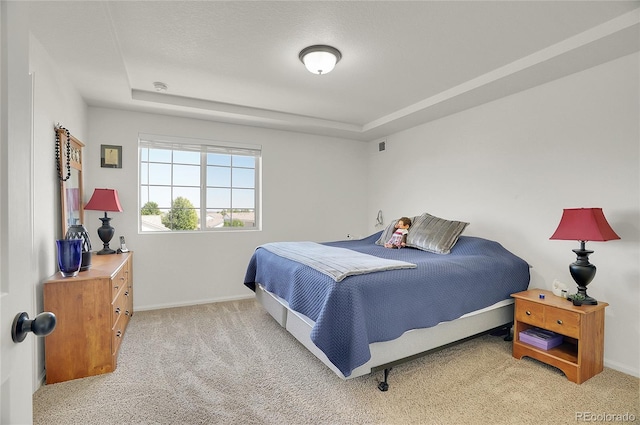 bedroom with a raised ceiling and carpet floors