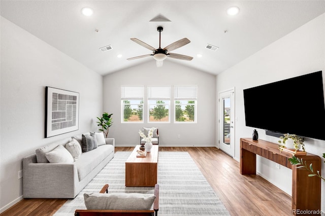 2080 Autumn Moon Dr Unit 5, Windsor, CO 80550 - living area featuring a ceiling fan, light wood finished floors, lofted ceiling, baseboards, and recessed lighting