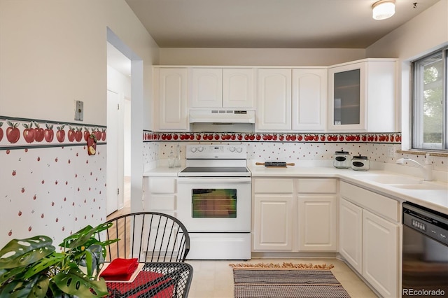 1270 Berea Dr, Boulder, CO 80305 - kitchen featuring electric range, black dishwasher, under cabinet range hood, white cabinetry, and glass insert cabinets