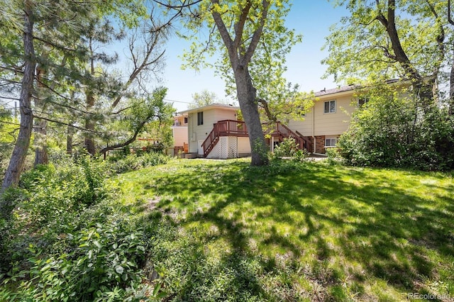 1270 Berea Dr, Boulder, CO 80305 - view of grassy yard featuring stairway and a wooden deck