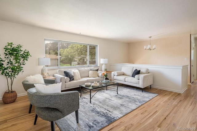 1270 Berea Dr, Boulder, CO 80305 - living room featuring a chandelier, wood finished floors, baseboards, and wallpapered walls
