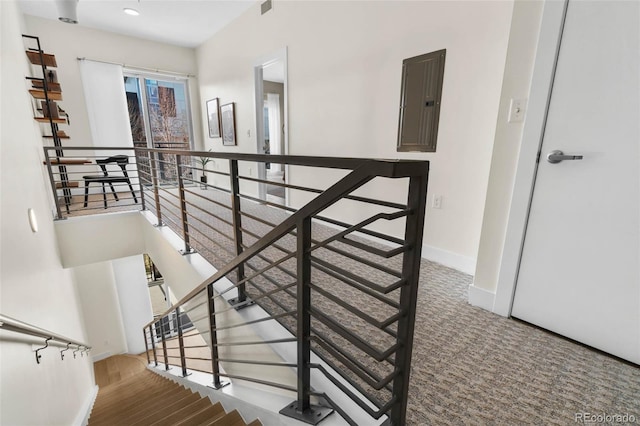 staircase with electric panel, baseboards, and carpet