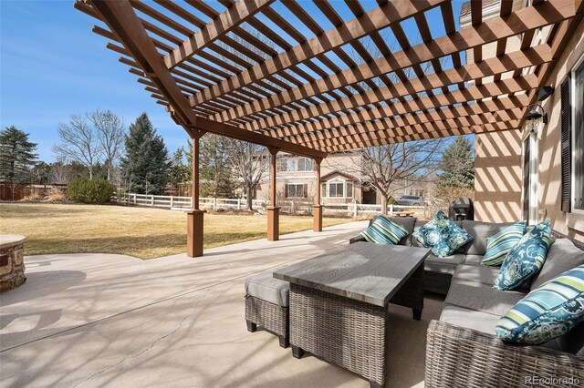 view of patio / terrace featuring an outdoor hangout area, a pergola, and fence