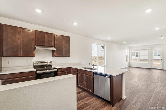 kitchen with kitchen peninsula, appliances with stainless steel finishes, dark hardwood / wood-style flooring, and sink