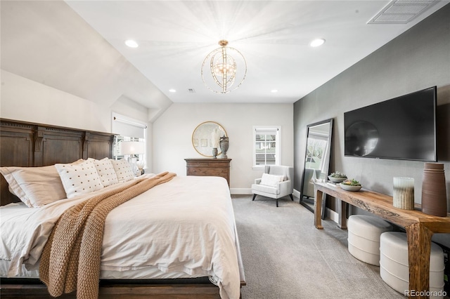 bedroom with light colored carpet, an inviting chandelier, recessed lighting, baseboards, and visible vents