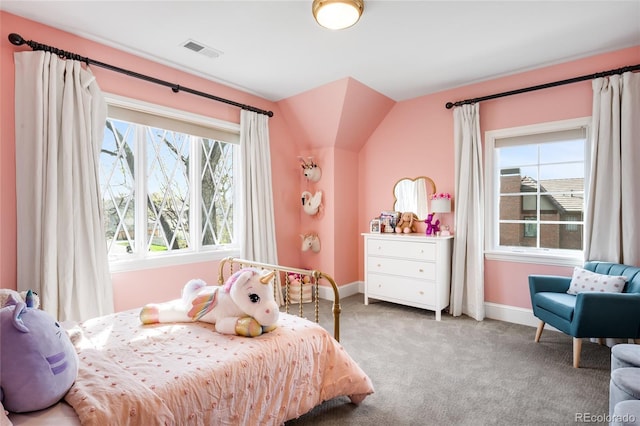 bedroom featuring baseboards, carpet, and visible vents