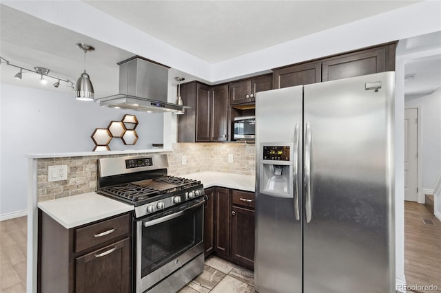 4860 S Field Way, Littleton, CO 80123 - kitchen featuring stainless steel appliances, ventilation hood, dark brown cabinetry, and light countertops