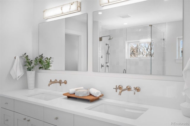 bathroom featuring a healthy amount of sunlight, vanity, and a shower with shower door