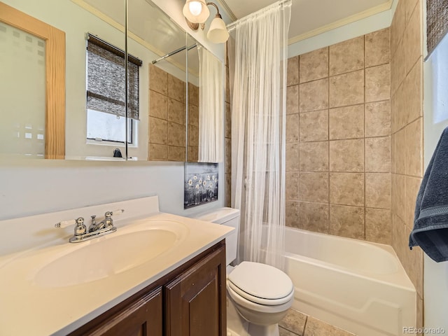 full bathroom with tile patterned floors, shower / bath combo, vanity, and toilet