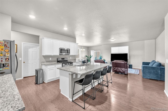 5996 Sun Mesa Cir, Castle Rock, CO 80104 - kitchen with light wood finished floors, appliances with stainless steel finishes, open floor plan, and a sink