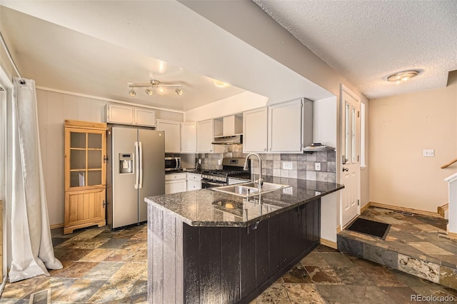 2469 S Xanadu Way Unit A, Aurora, CO 80014 - kitchen featuring stainless steel appliances, under cabinet range hood, a sink, a peninsula, and dark stone finish flooring