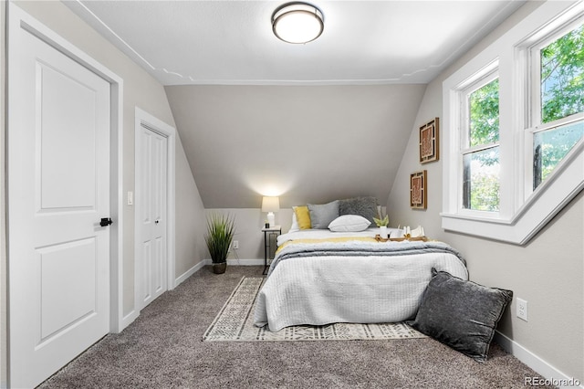 bedroom featuring carpet floors and vaulted ceiling