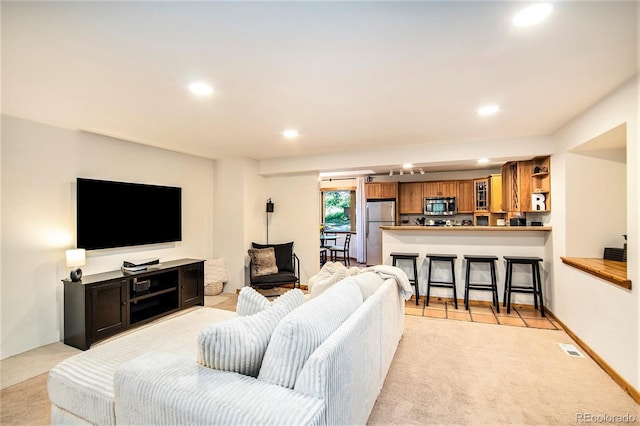 28192 Shadow Mountain Dr, Conifer, CO 80433 - living room featuring light carpet and recessed lighting
