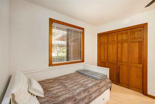 carpeted bedroom with a closet