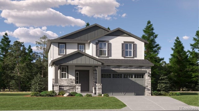 craftsman-style house with covered porch, a garage, and a front yard