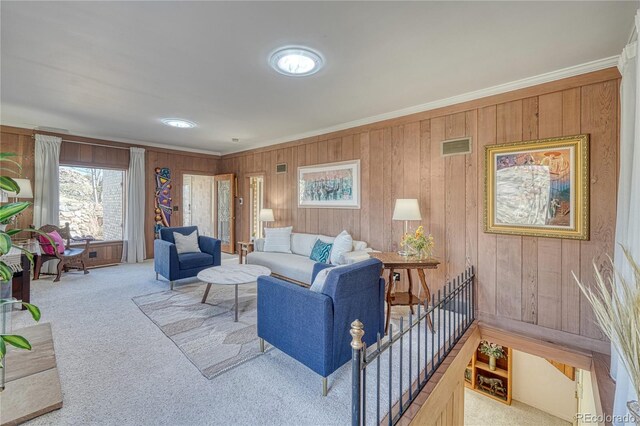 224 W Warren Ave, Cripple Creek, CO 80813 - living room with carpet, crown molding, and wooden walls