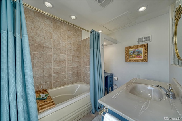 224 W Warren Ave, Cripple Creek, CO 80813 - bathroom with shower / bath combo, vanity, and recessed lighting