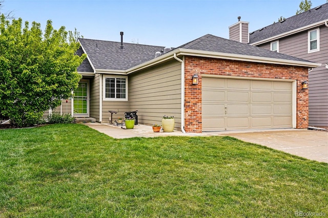 13313 Cherry Cir, Thornton, CO 80241 - view of front of property with roof with shingles, concrete driveway, a garage, a chimney, and a front lawn