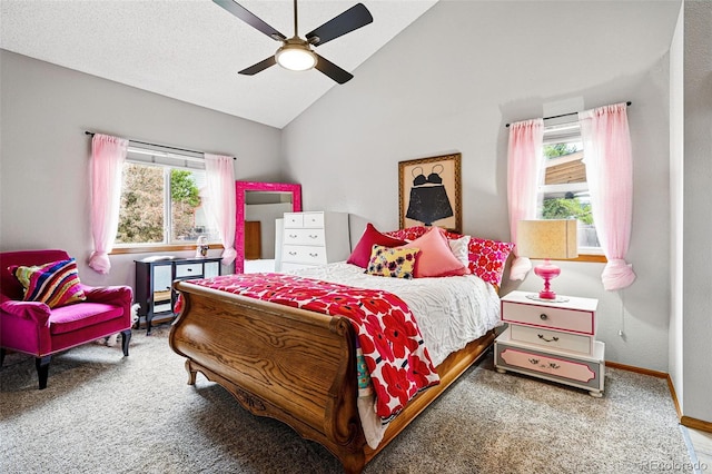 13313 Cherry Cir, Thornton, CO 80241 - bedroom with carpet floors, high vaulted ceiling, baseboards, and ceiling fan