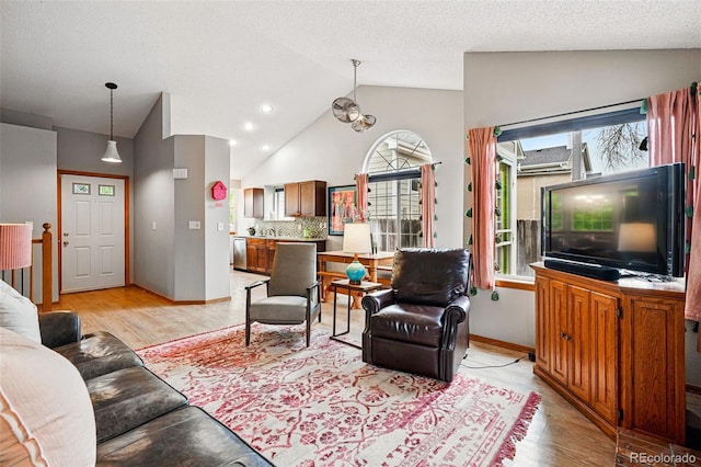 13313 Cherry Cir, Thornton, CO 80241 - living room featuring lofted ceiling, light wood-style floors, and baseboards