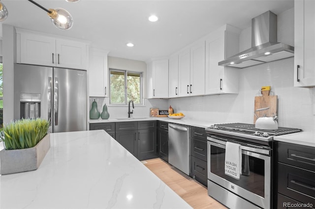kitchen featuring wall chimney range hood, appliances with stainless steel finishes, white cabinets, tasteful backsplash, and a sink