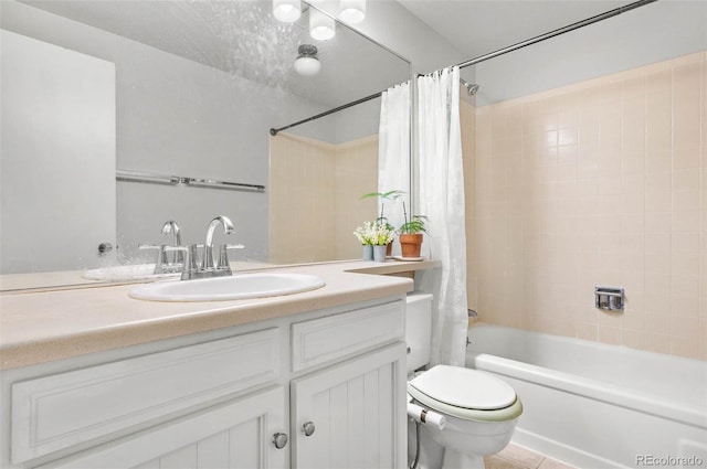 full bathroom with toilet, vanity, tile patterned floors, and shower / bath combo with shower curtain