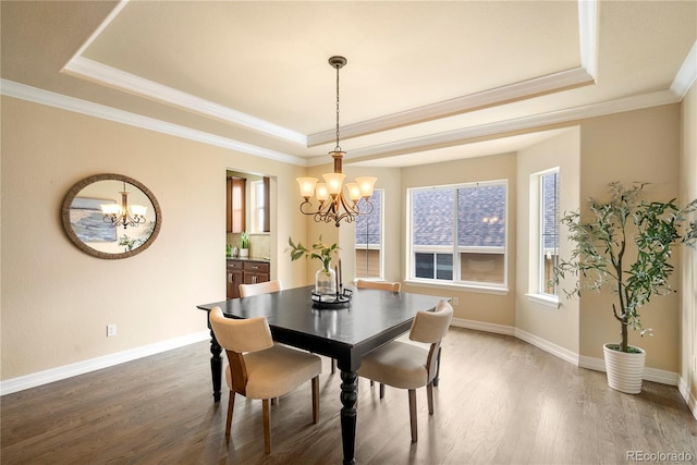 dining room with a raised ceiling and wood finished floors