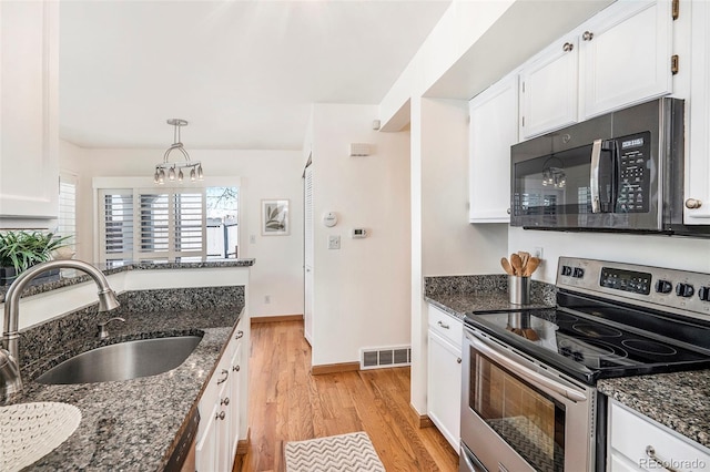 kitchen featuring visible vents, electric range, a sink, white cabinets, and light wood-type flooring